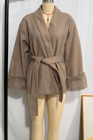 Belted Wrap Jacket with Fur Cuffs