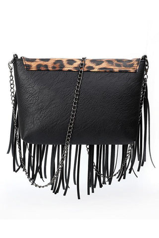 Fringe and Chain Leopard Accent Clutch