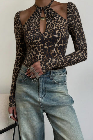 Halter Neck Keyhole Leopard Print Top
