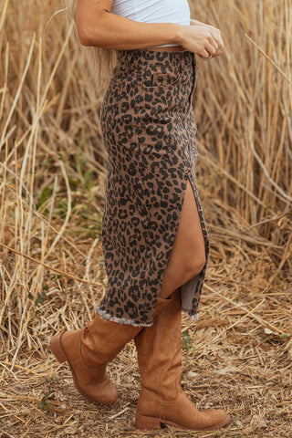 Leopard Frayed Split Denim Midi Skirt