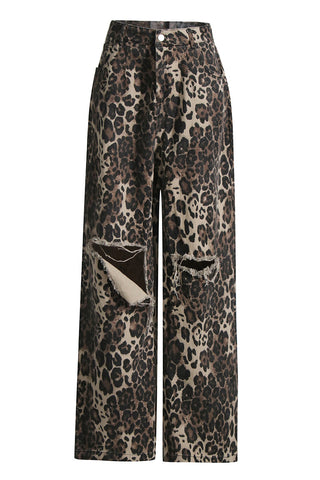 Distressed Leopard Print Casual Pants