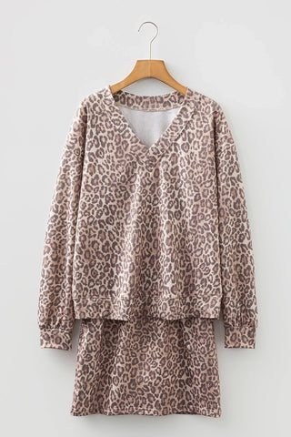Leopard Print V-Neck Pullover & Skirt Set