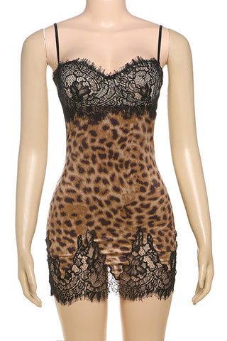 Leopard Print Lace-Trim Mini Dress