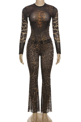 Leopard Print Mesh Pants Set