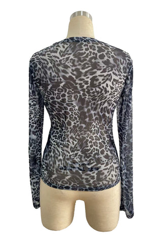 Animal Print Sheer Long Sleeve Blouse