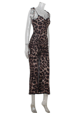 Ruched Animal Print Casual Dress