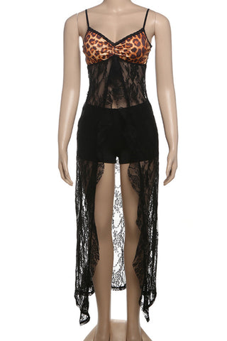 Lace Overlay Shorts Set with Spaghetti Straps