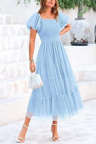 Puff-Sleeve Tiered Midi Dress