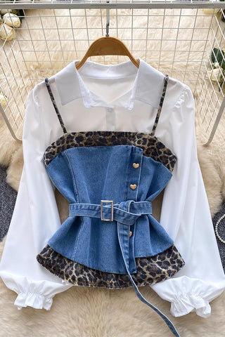 Belted Denim Combo Blouse