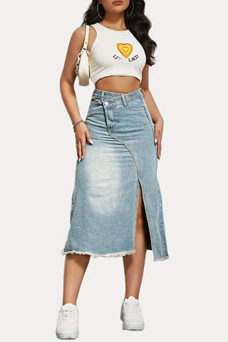 Asymmetric Hem Denim Midi Skirt
