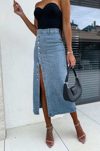 Denim High Slit Pencil Skirt