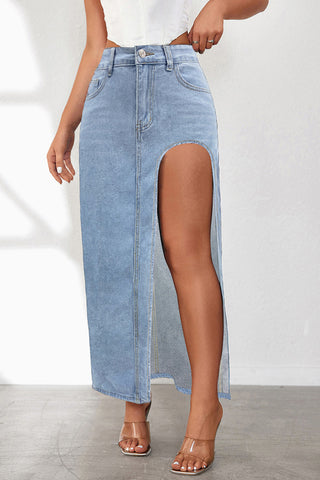 High-Slit Denim Maxi Skirt