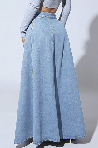 Classic Button-Up Denim Maxi Skirt