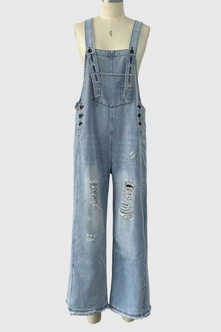 Distressed Denim Jumpsuit with Straps