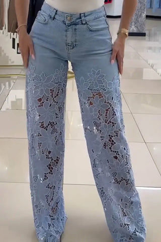 Lace Cutout Flare Denim Pants