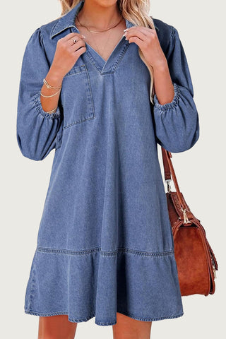 V-Neck Denim Dress with Puffed Sleeves