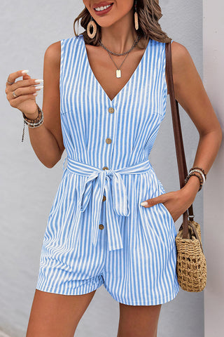Striped Button-Front Tie-Waist Romper