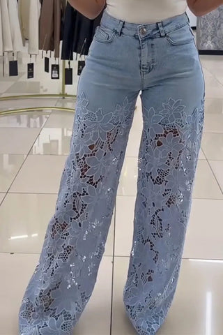 Lace Cutout Flare Denim Pants