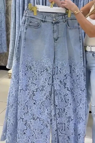 Lace Cutout Flare Denim Pants