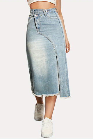 Asymmetric Hem Denim Midi Skirt
