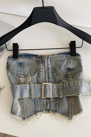 Belted Zip-Front Denim Bustier