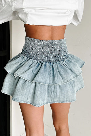 Tiered Smocked Mini Denim Skirt