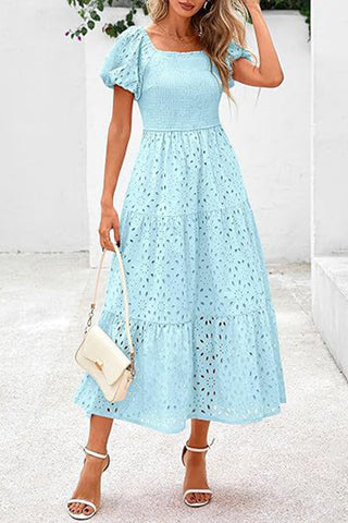 Square Neck Puff Sleeve Eyelet Dress