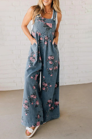 Floral Denim Wide-Leg Jumpsuit