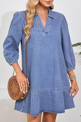 V-Neck Denim Dress with Soft Ruffle Hem