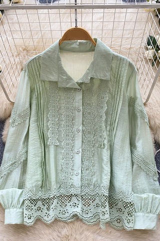 Lace Trim Button-Up Blouse