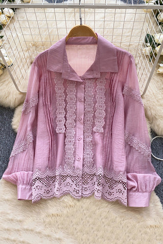 Lace Trim Button-Up Blouse