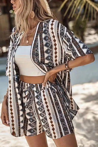 Patterned Kimono and Shorts Set