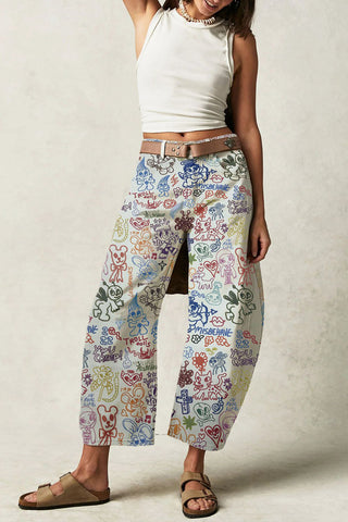 Heart Patterned Wide-Leg Jeans