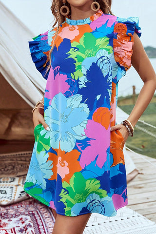 Vibrant Floral Ruffle Sleeve Dress