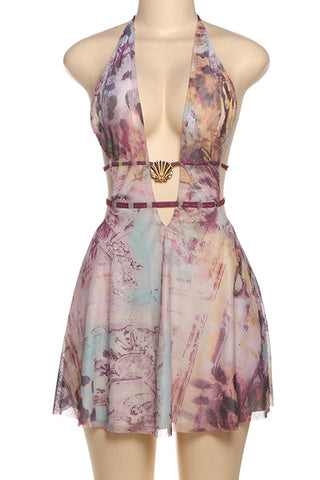 Deep V-Neck Halter Dress with Print