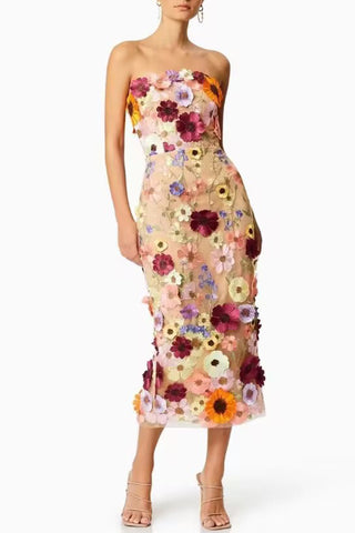 Strapless Floral Embellished Midi Dress