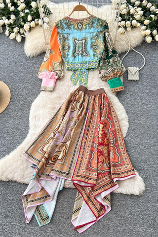 Bohemian Skirt Set with Tie-Front Blouse