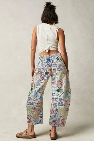 Heart Patterned Wide-Leg Jeans