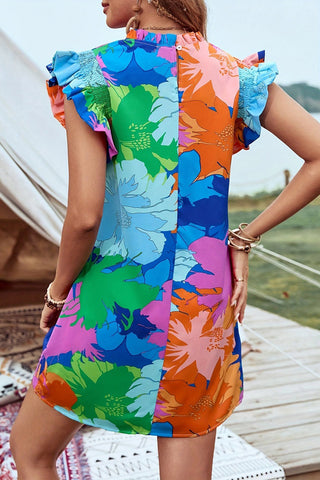 Vibrant Floral Ruffle Sleeve Dress