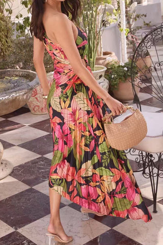 Floral One-Shoulder Pleated Dress