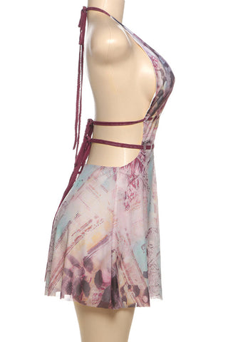 Deep V-Neck Halter Dress with Print