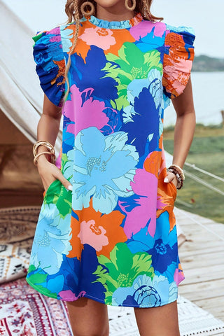 Vibrant Floral Ruffle Sleeve Dress