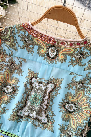 Bohemian Skirt Set with Tie-Front Blouse
