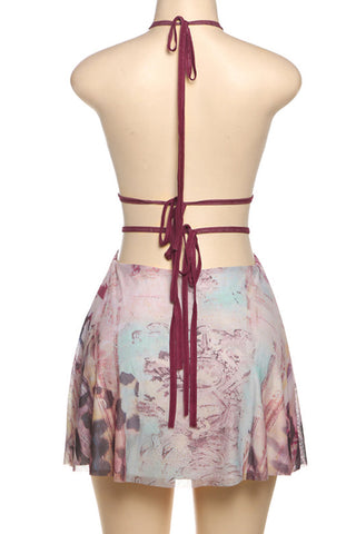 Deep V-Neck Halter Dress with Print
