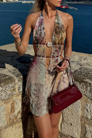 Deep V-Neck Halter Dress with Print