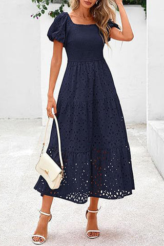 Square Neck Puff Sleeve Eyelet Dress
