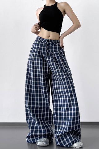 Plaid Wide-Leg Casual Pants