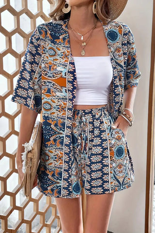 Patterned Kimono and Shorts Set