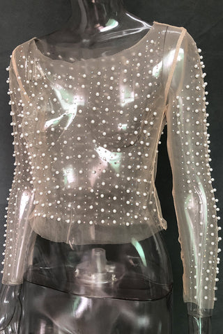 Pearl-Embellished Sheer Blouse