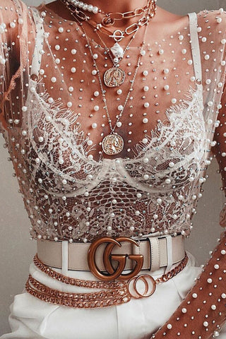 Pearl-Embellished Sheer Blouse